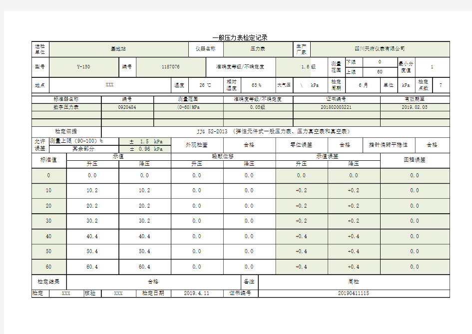 压力表检定记录(0-60)kPa Y-150 自动计算误差 高效