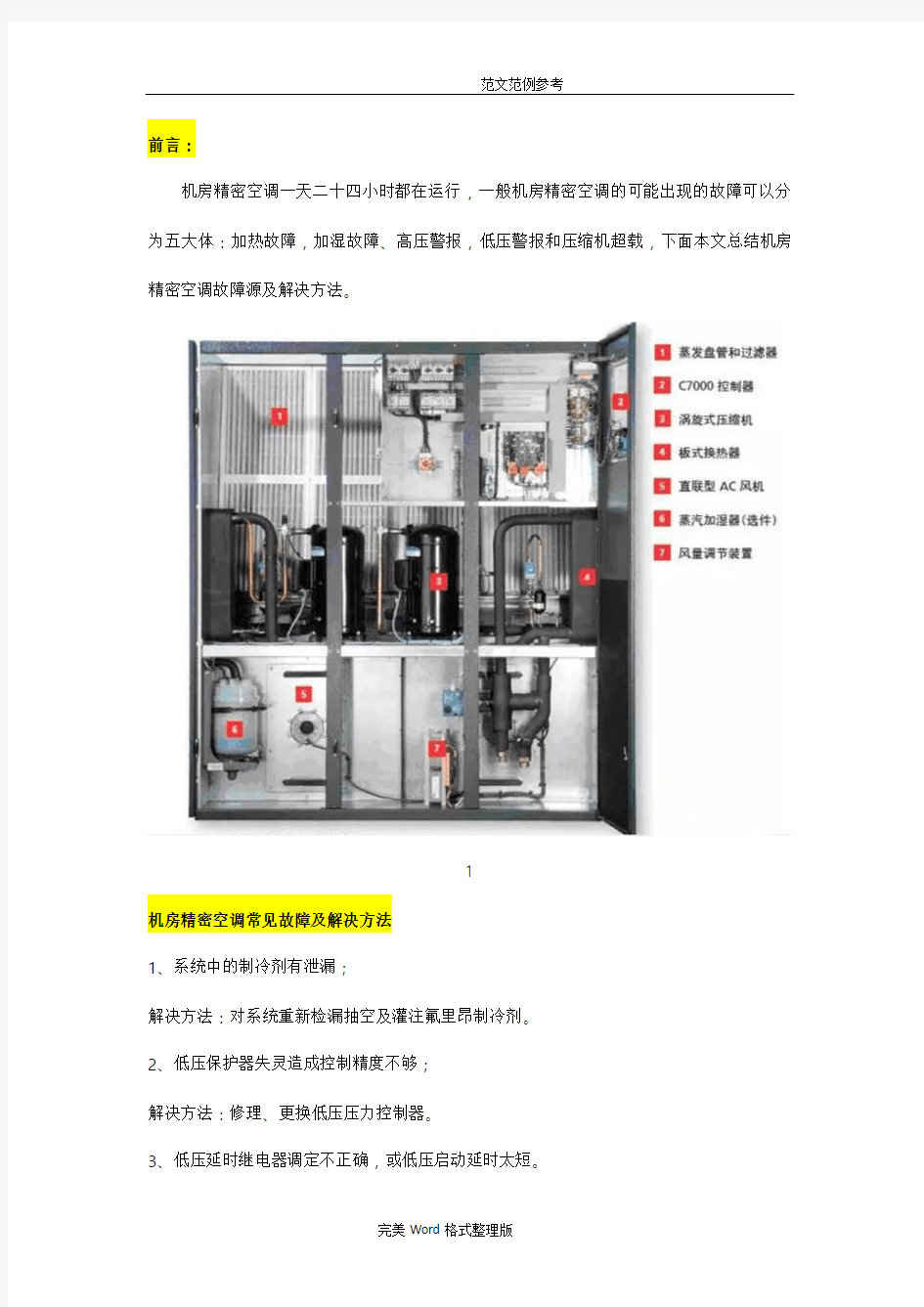 机房精密空调故障源分析和解决方案报告