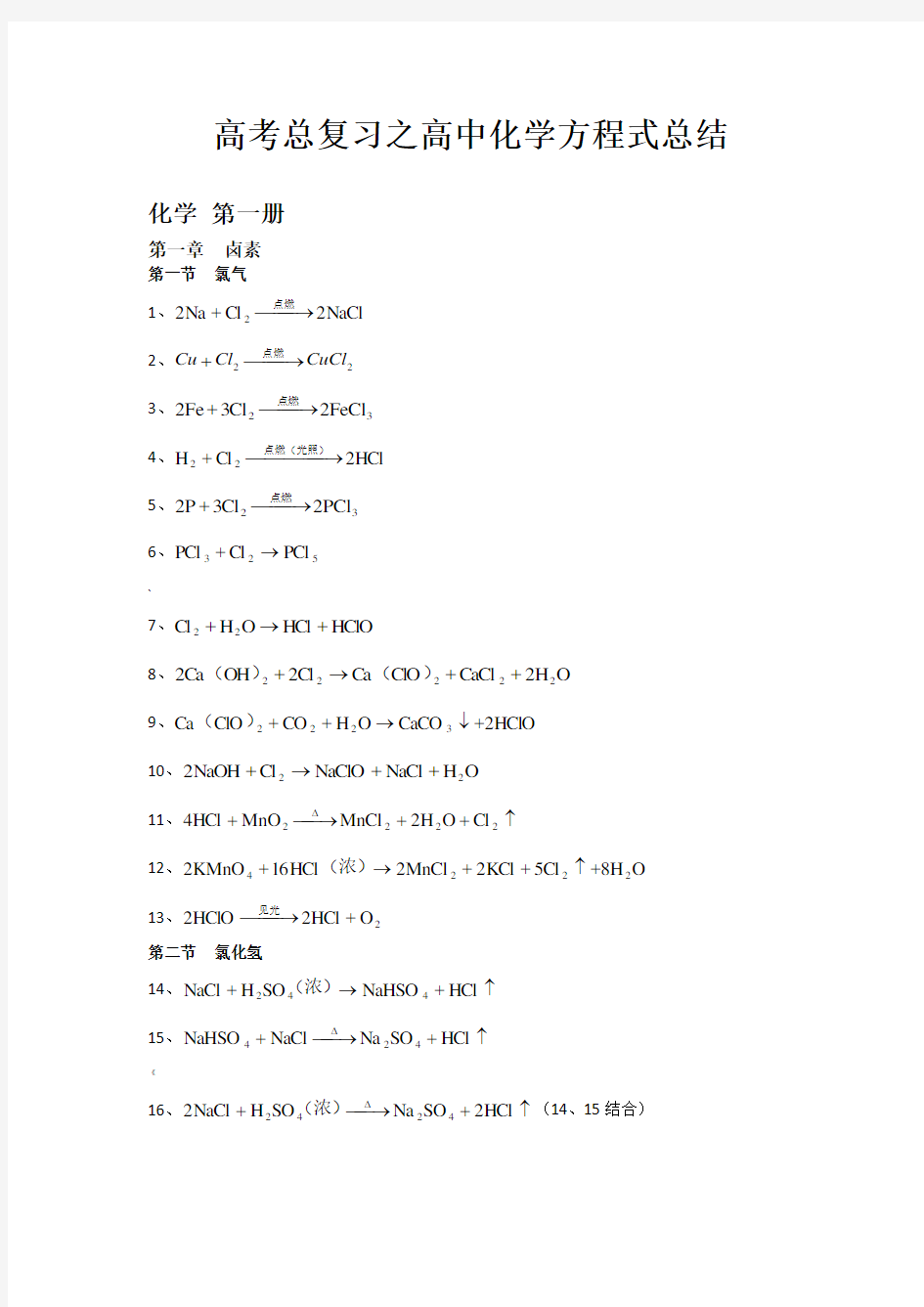 高中化学方程式大全(绝对全)