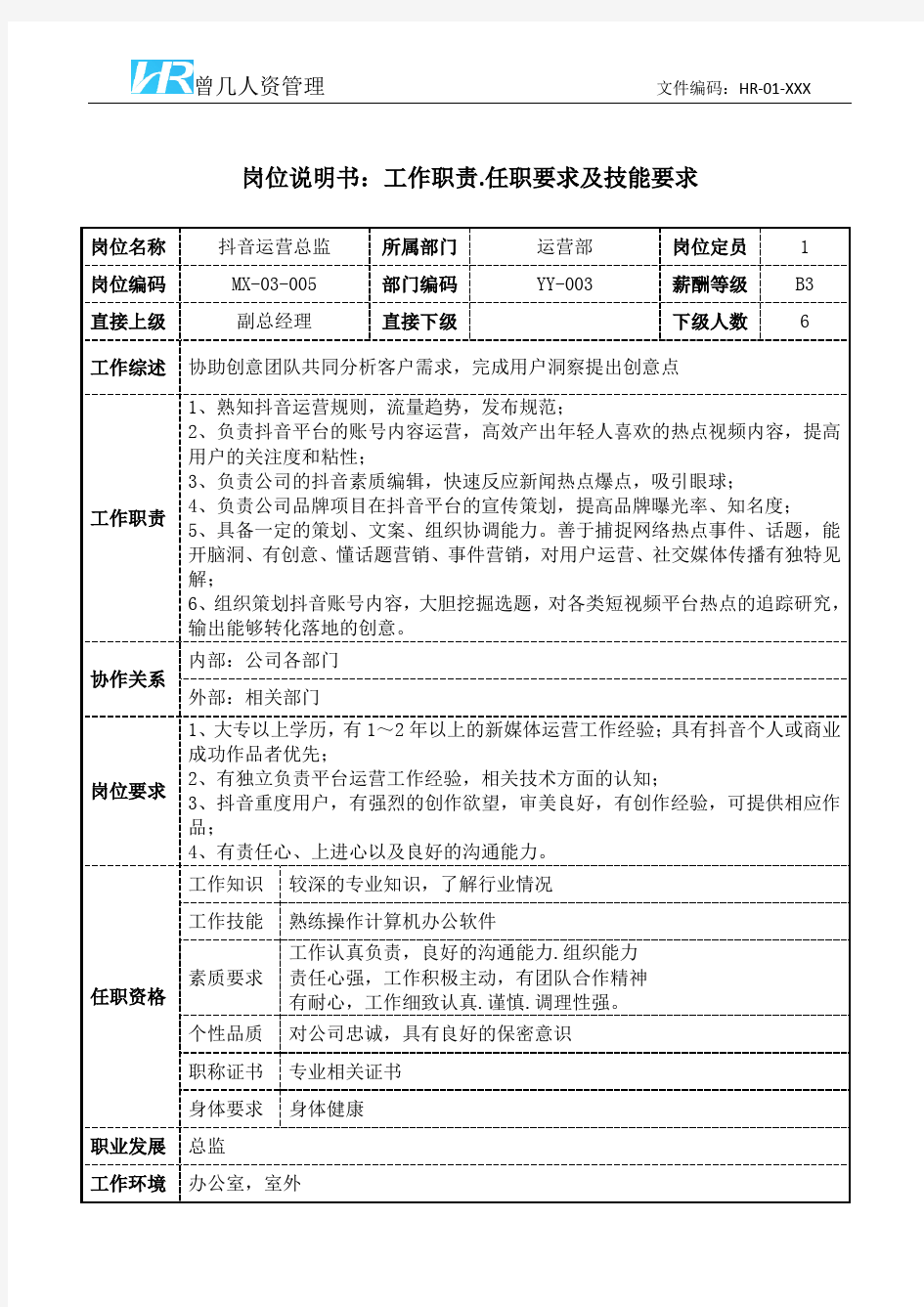 抖音运营总监工作职责岗位说明书和任职要求