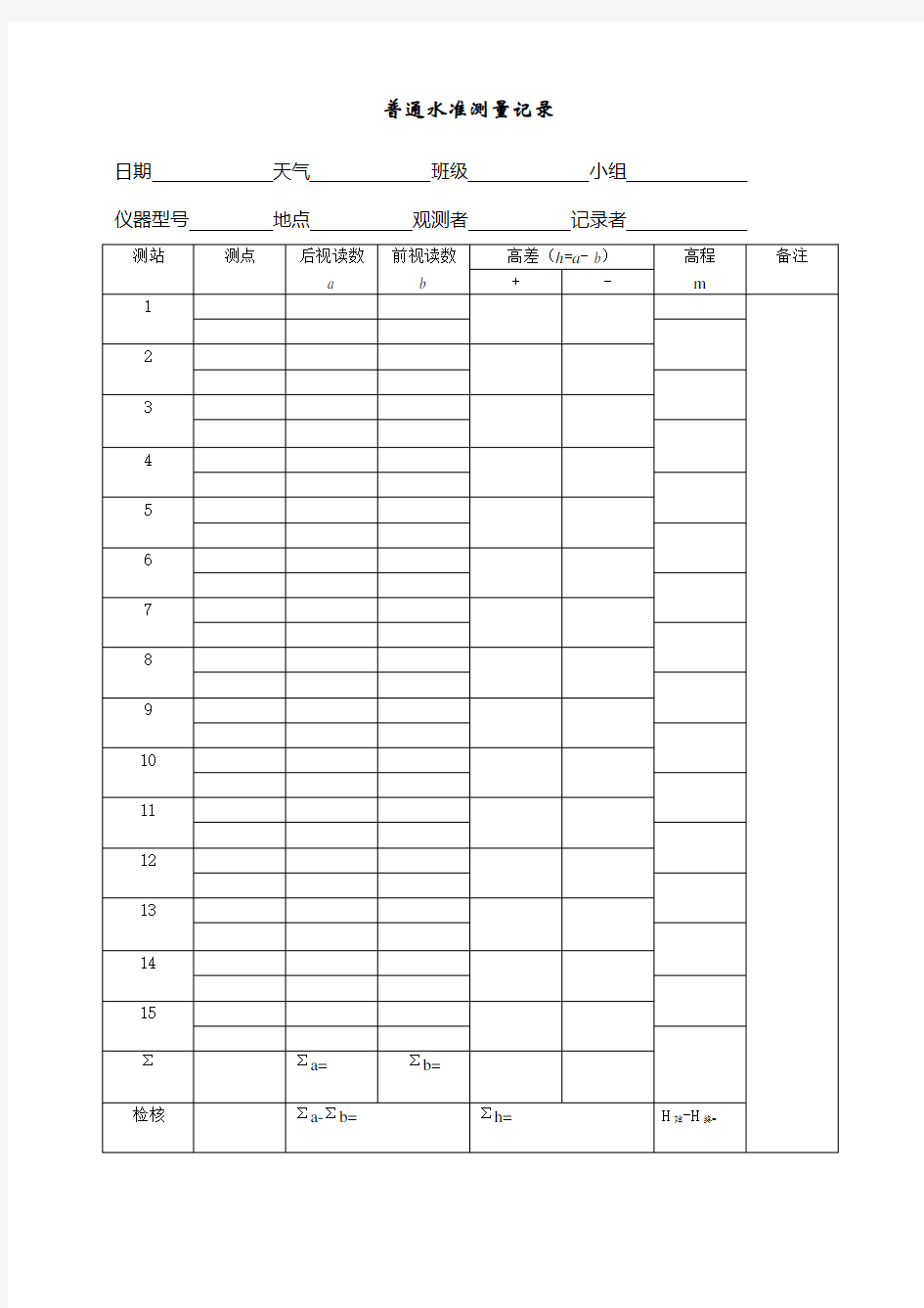 普通水准测量记录手薄及水准测量成果整理表