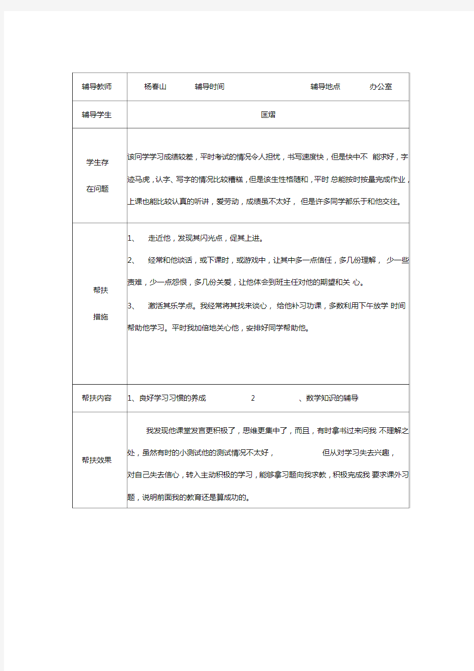 一学困生帮扶记录表