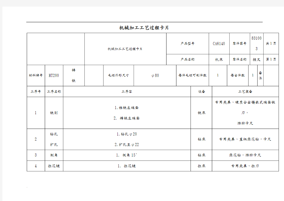 CA6140车床拨叉831003机械加工工艺过程卡片及工序卡
