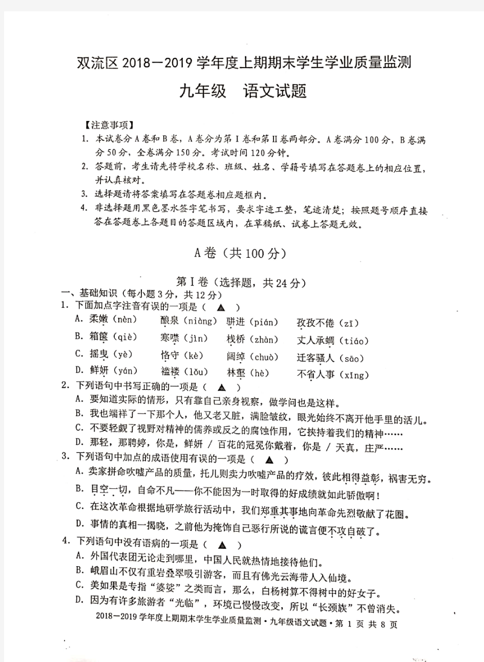 四川省成都市双流区2018-2019学年九年级上期末语文试题