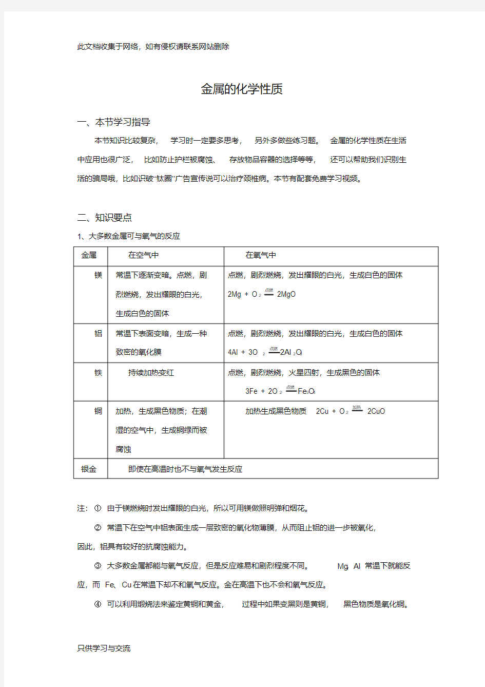 九年级化学《金属和金属材料》金属的化学性质知识点整理