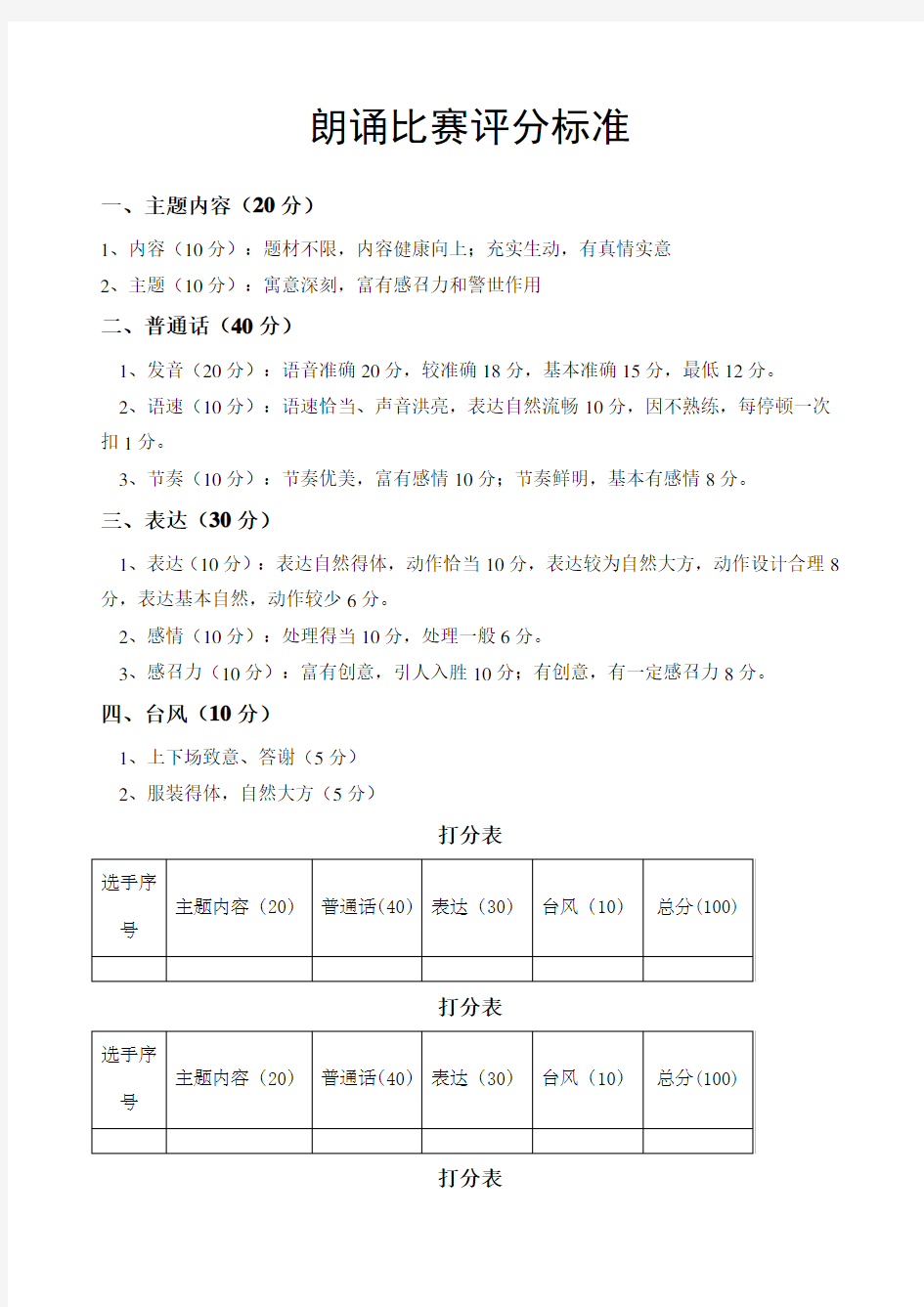 朗诵比赛评分标准打分表