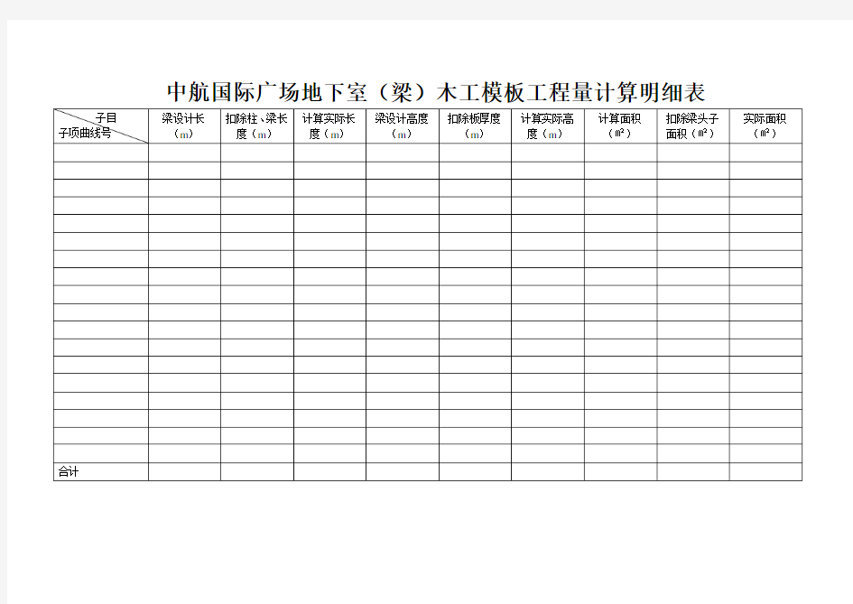 (梁)木工模板工程量计算明细表