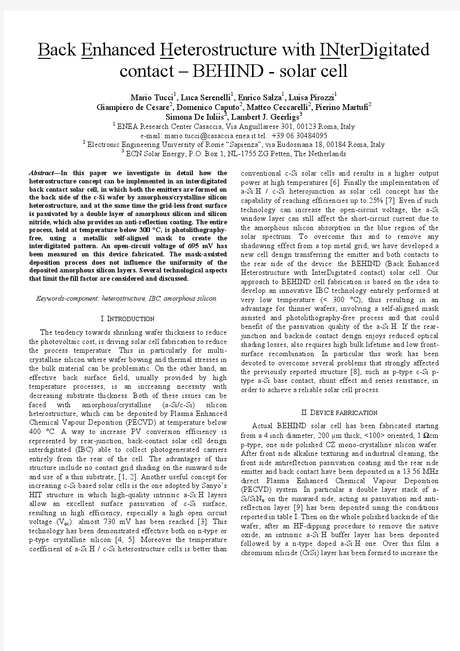 Back Enhanced Heterostructure with INterDigitated contact – BEHIND - solar cell