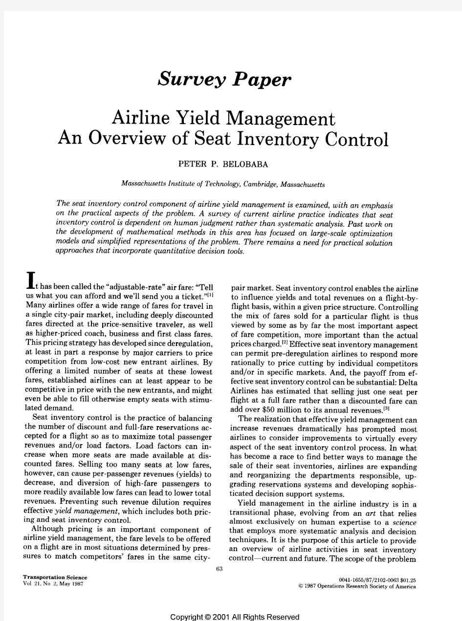 Belobaba(1987b)-Airline Yield Management-An Overview of Seat Inventory Control