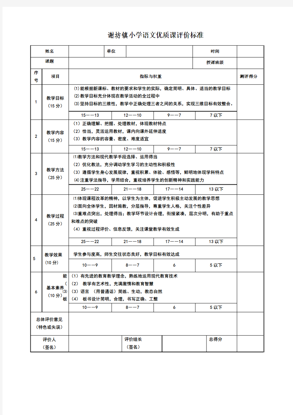 谢坊镇小学语文优质课评价标准