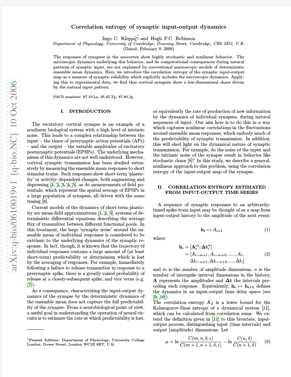 Correlation entropy of synaptic input-output dynamics