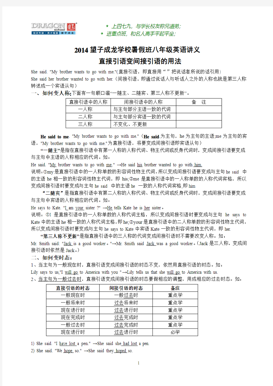 直接引语变间接引语的用法