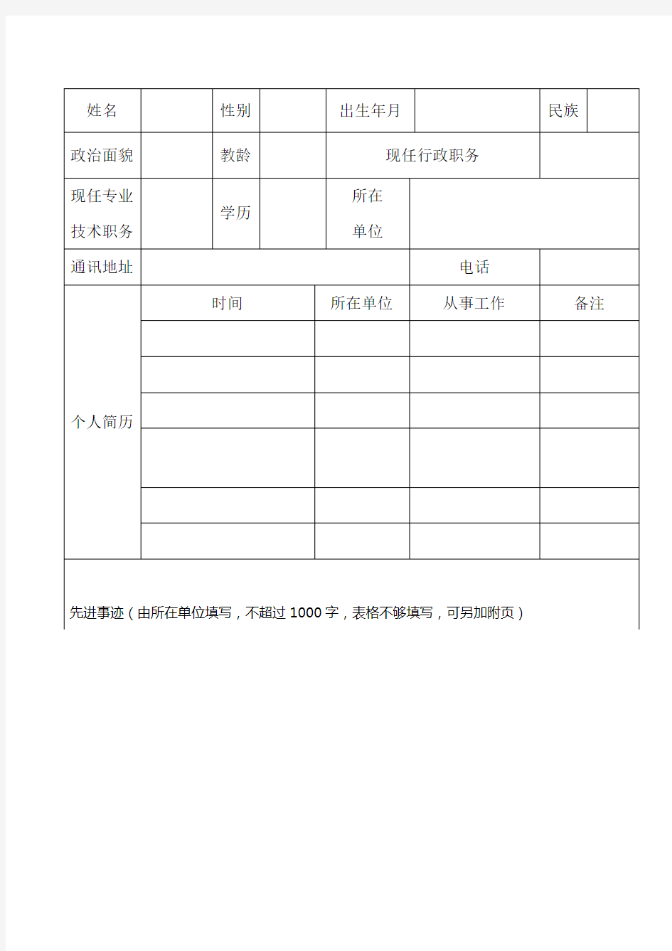 优秀教师推荐表及优秀材料