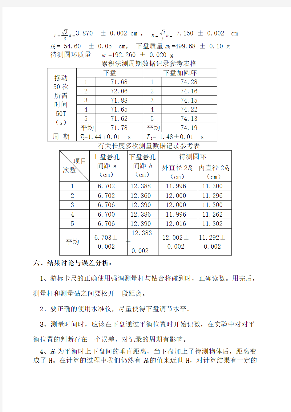 《用三线摆法测定物体的转动惯量》简明实验报告