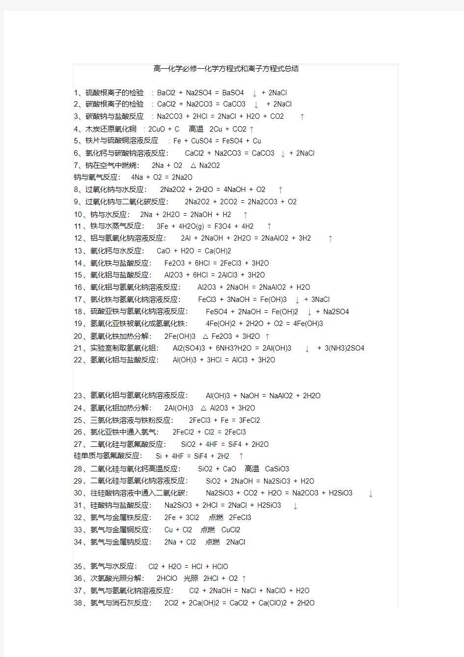 高一化学必修一化学方程式和离子方程式总结