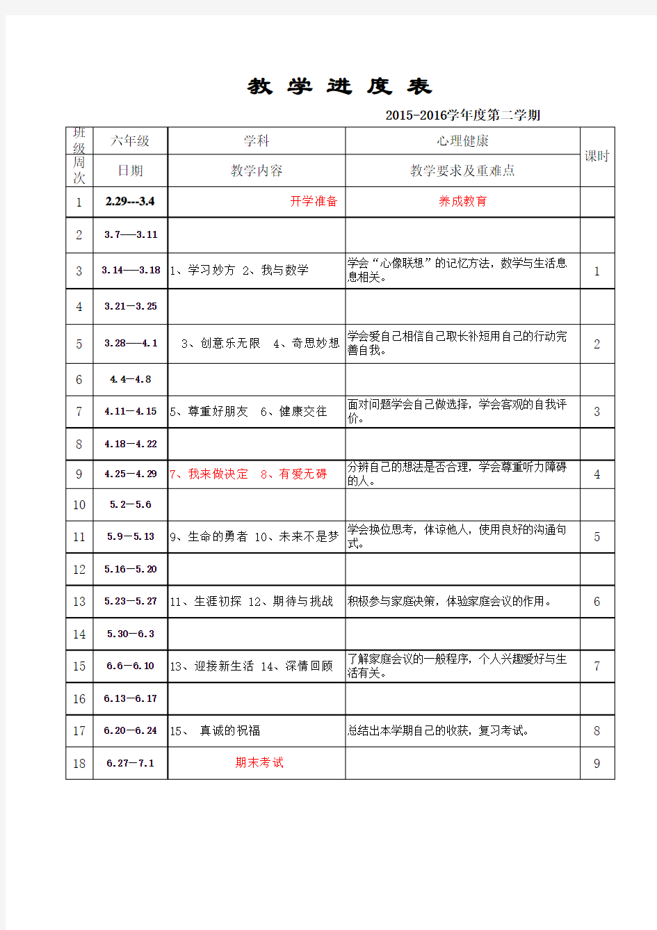 六年级心理健康计划进度表