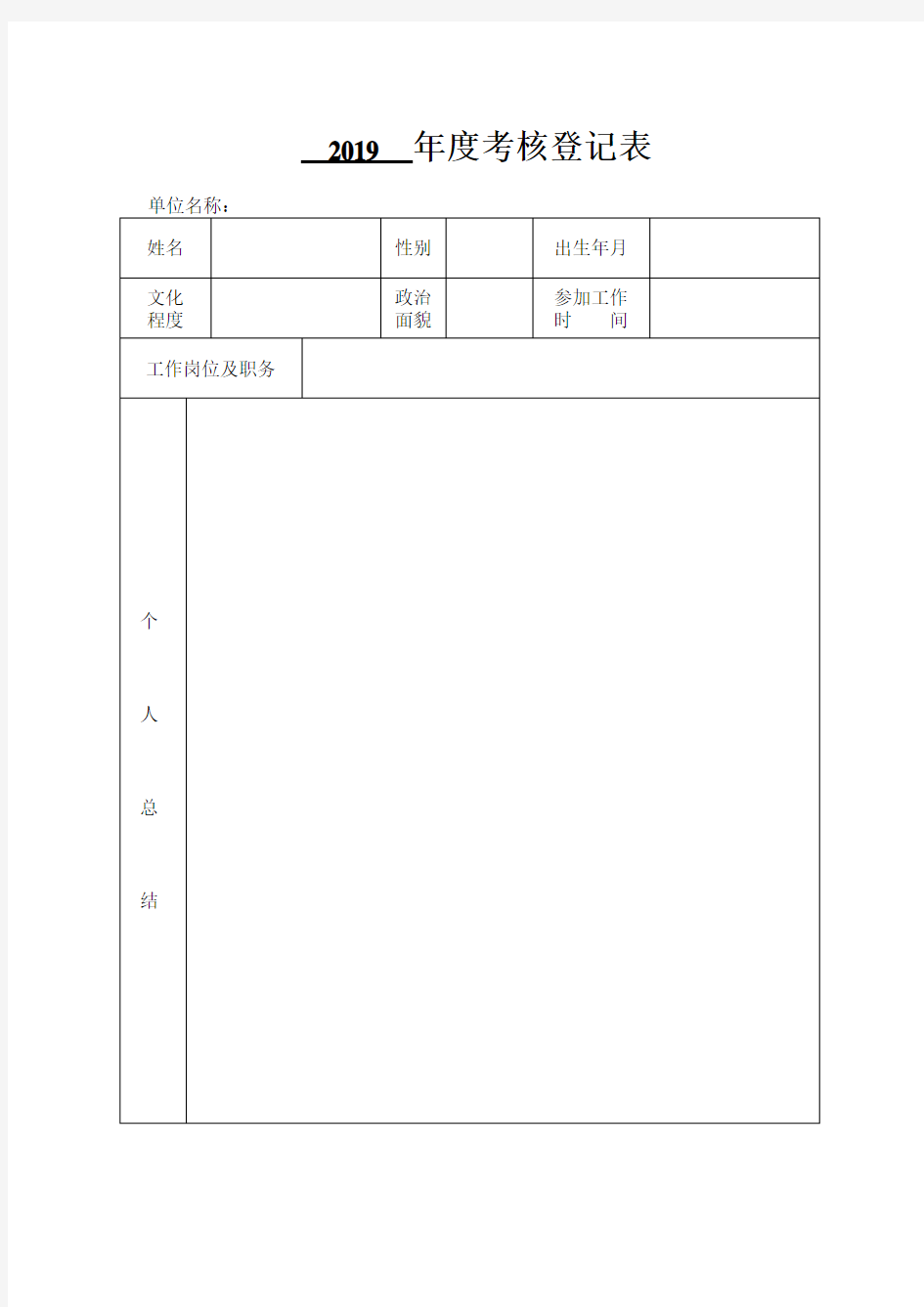 2019年度考核登记表