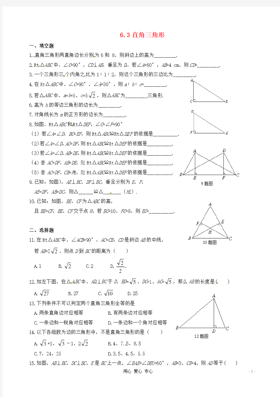 八年级数学下学期 6.3《直角三角形》同步练习 鲁教版