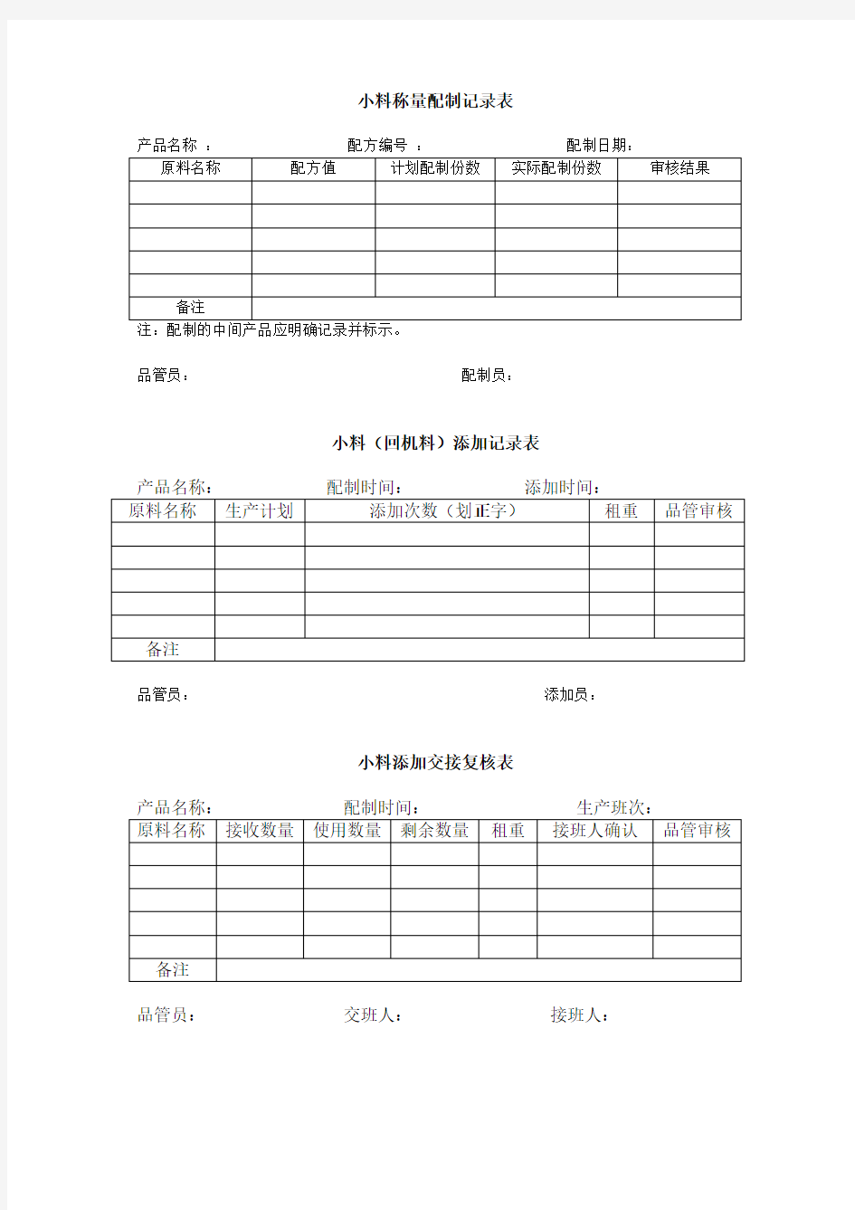 饲料企业生产过程记录表