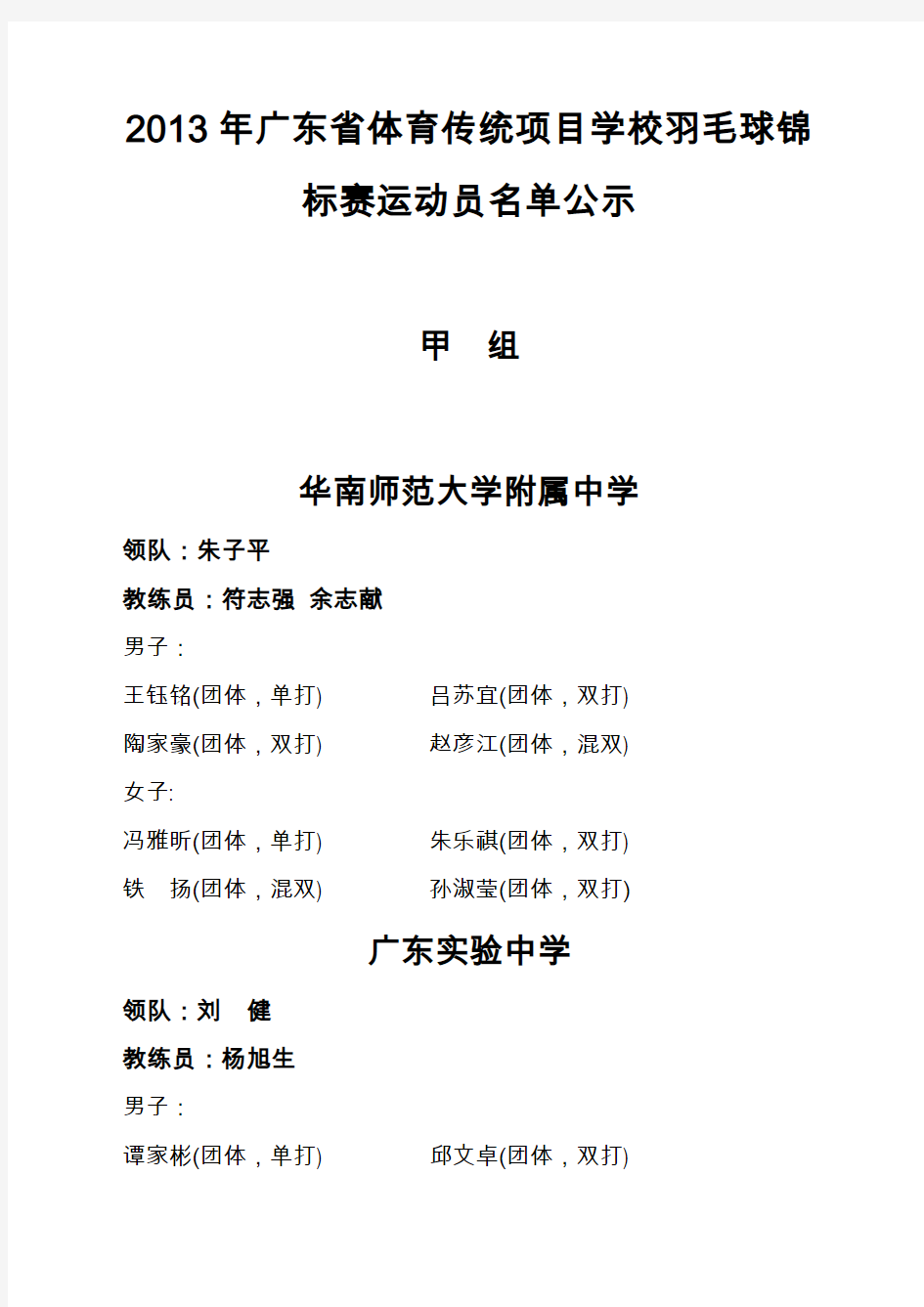 2013年广东省体育传统项目学校羽毛球锦标赛运动员名单公示论述