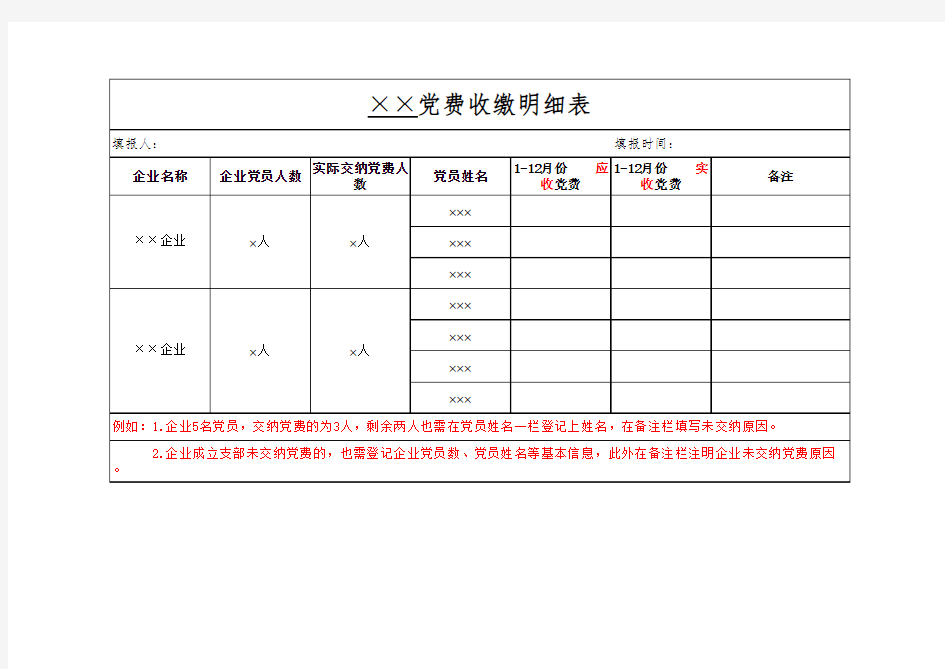 党费收缴明细表(空表)企业适用!