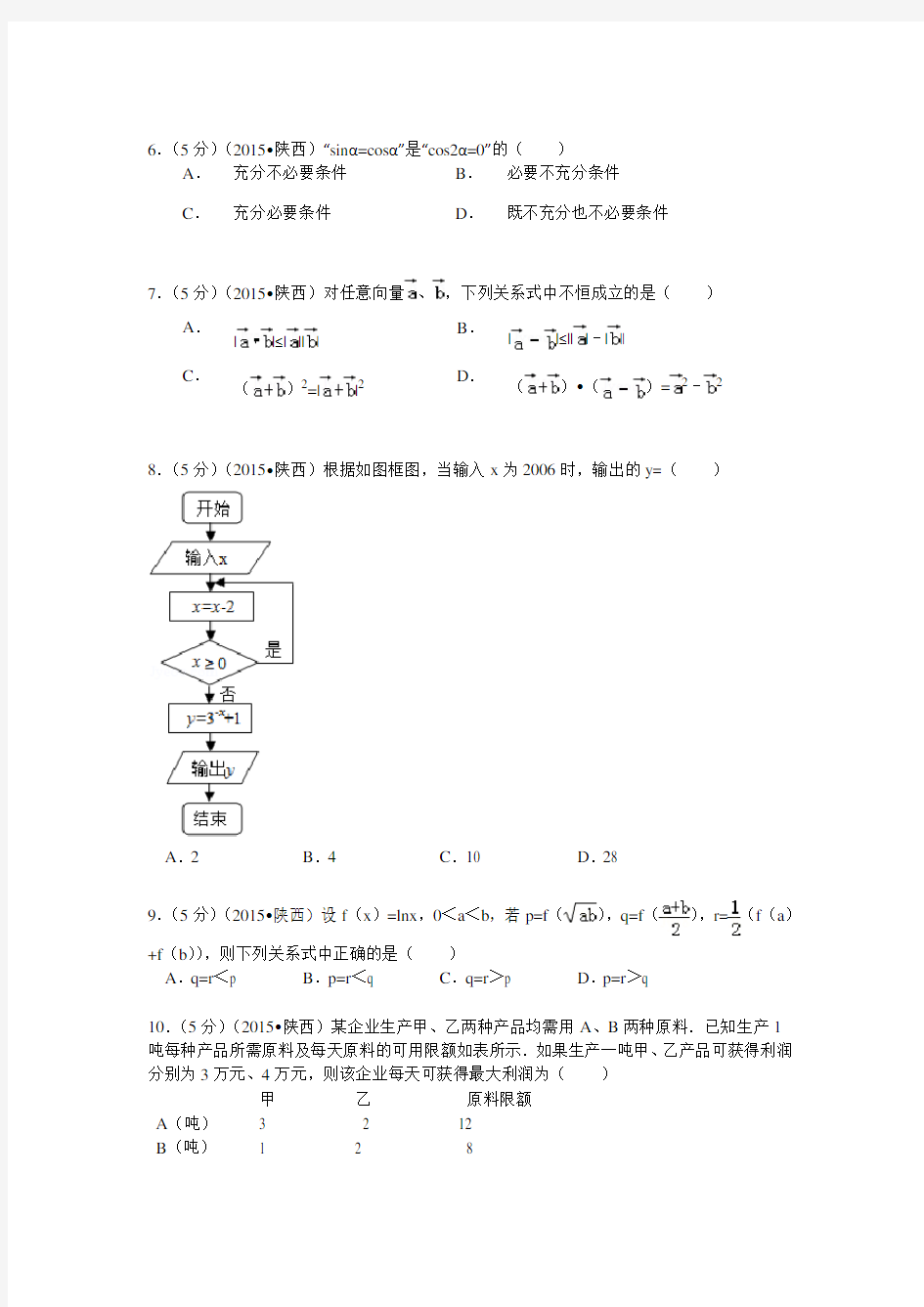 2015年陕西省高考数学试题及答案理科及解析