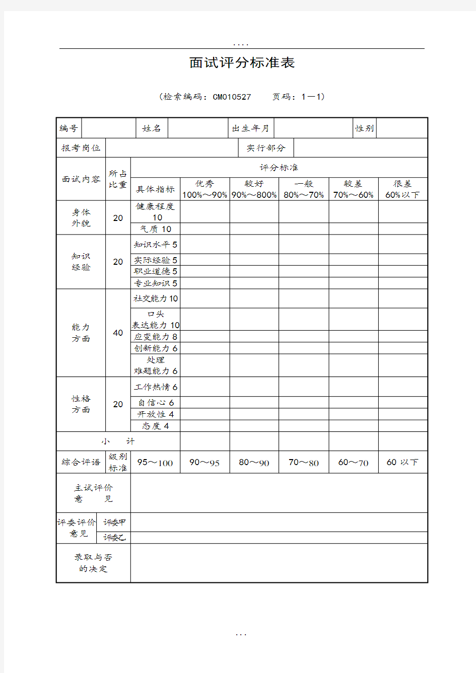 面试评分标准表