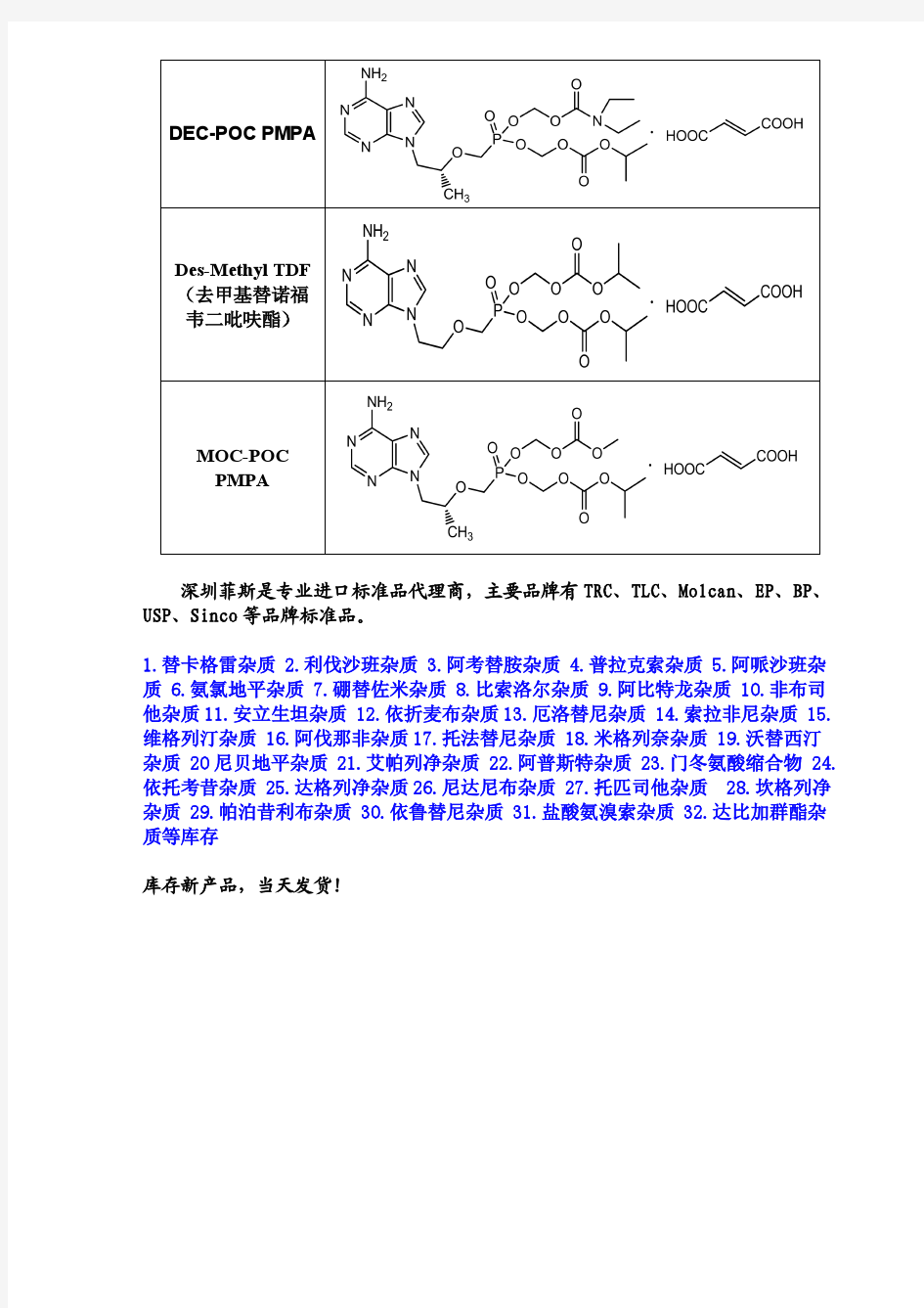 富马酸替诺福韦杂质列表