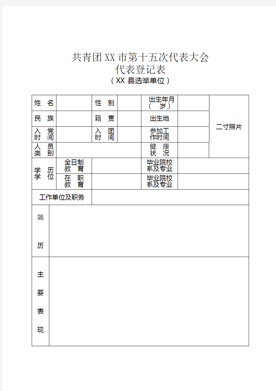 共青团代表大会代表登记表(表样)