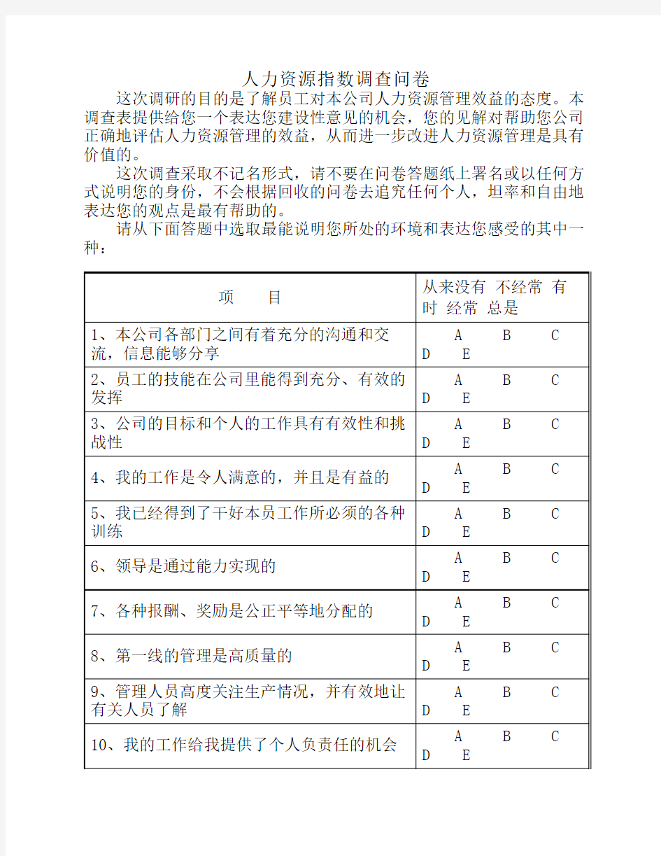 人力资源指数表