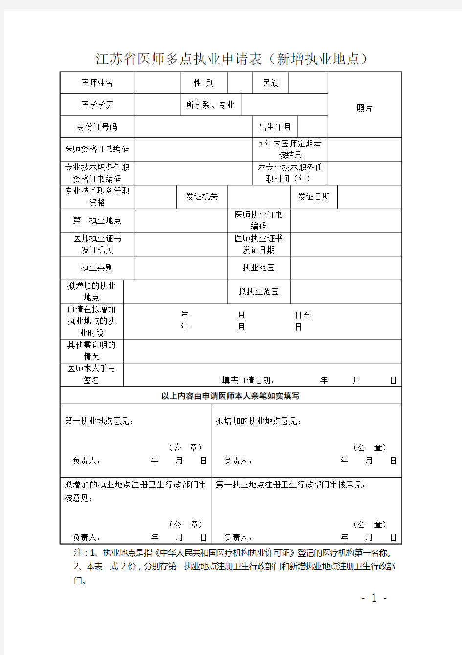 江苏省医师多点执业申请表(新增执业地点)