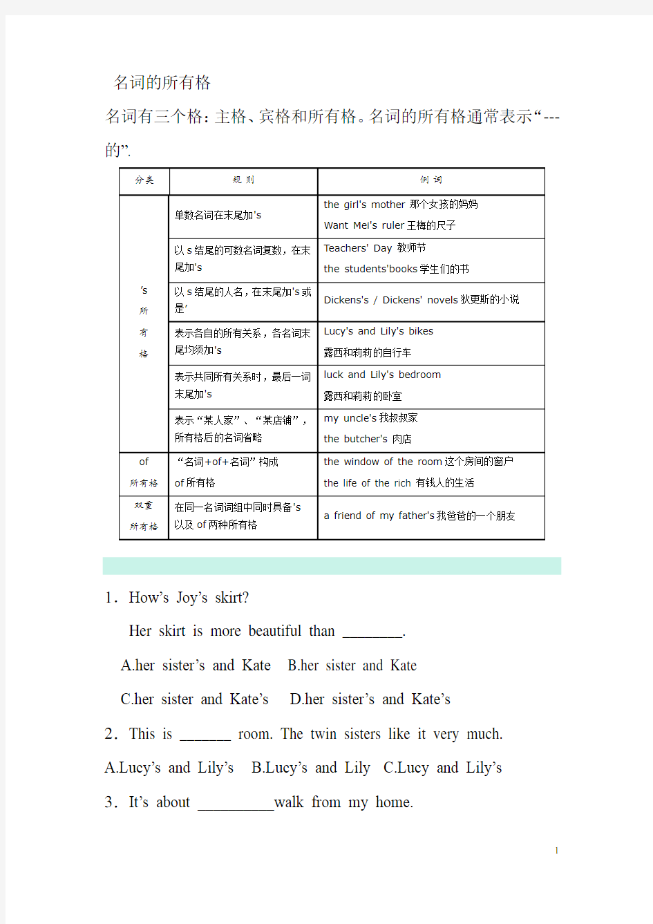 名词所有格详细讲解及练习题