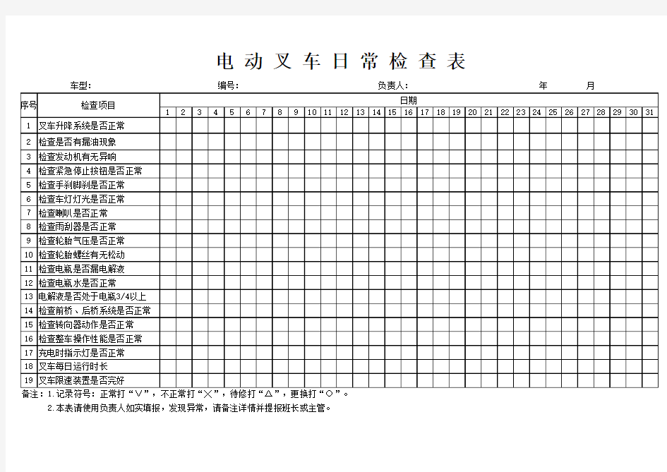 电动叉车日常检查表