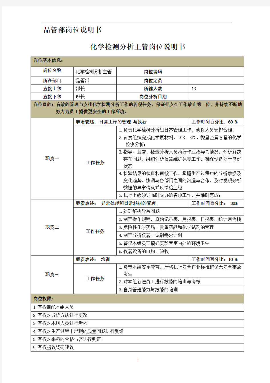 《化学实验室主管岗位说明书》