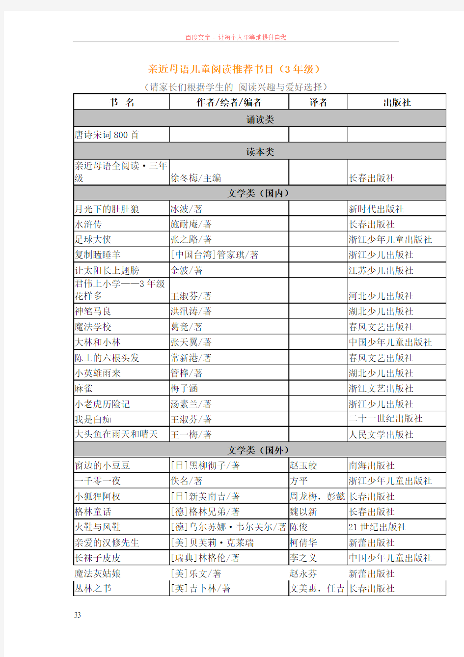 亲近母语儿童阅读推荐书目(三年级)