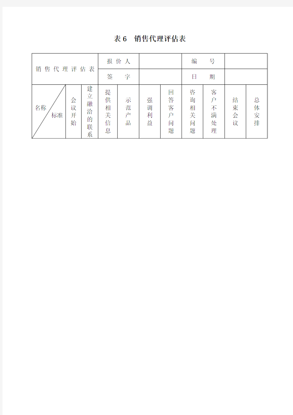 表销售代理评估表表格格式