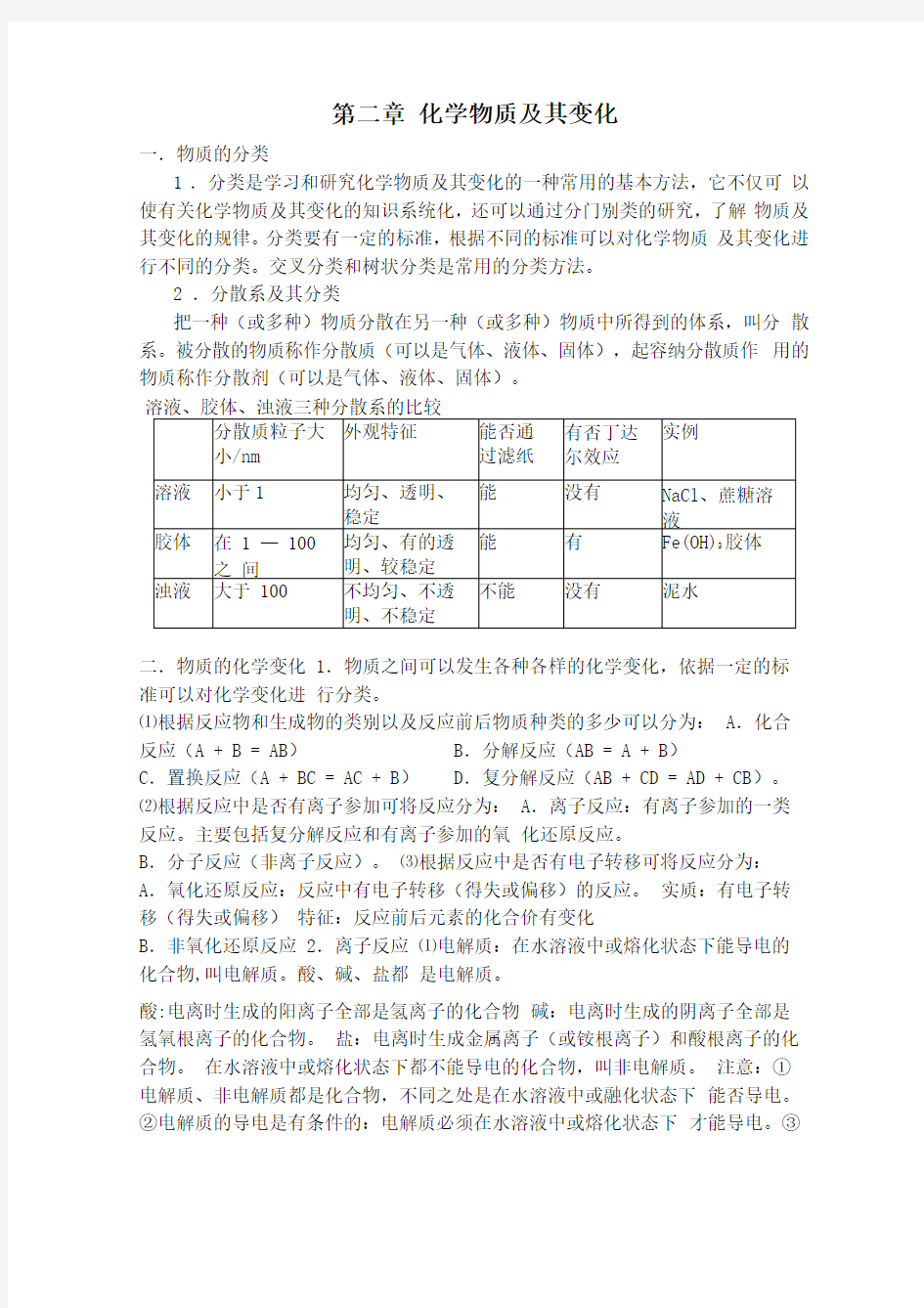 化学物质及其变化知识点总结与练习