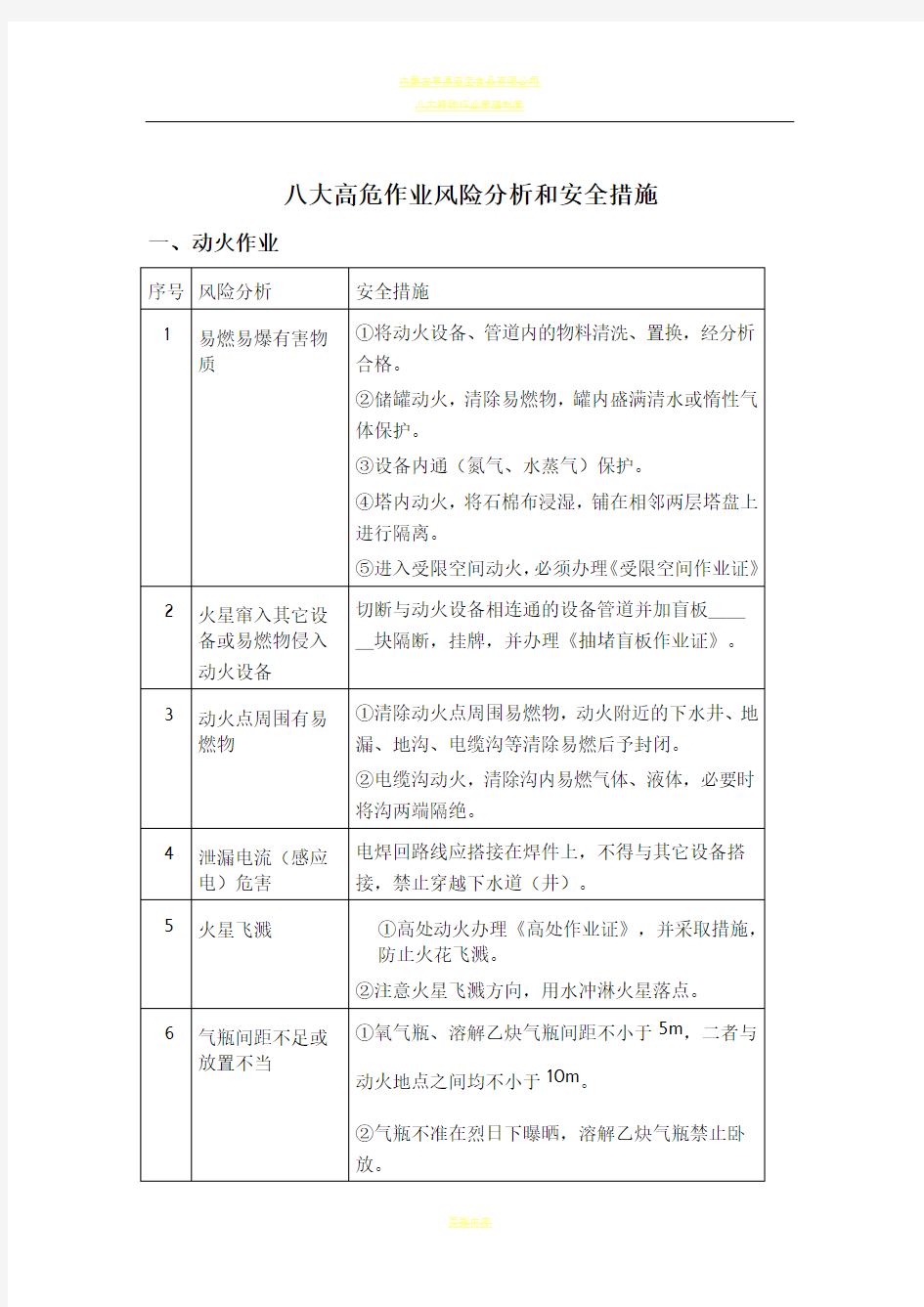 八大高危作业风险分析和安全措施