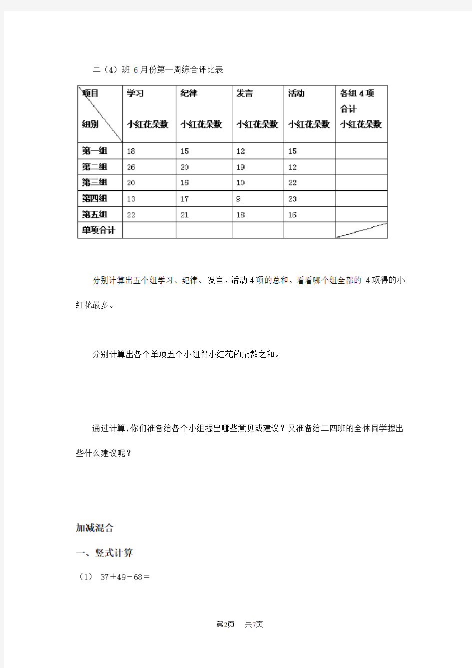 小学二年级数学 100以内数的加减混合运算练习题