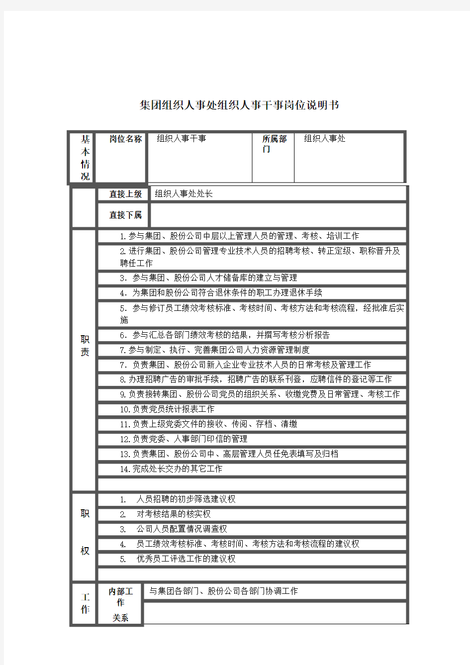 集团组织人事处组织人事干事岗位说明书