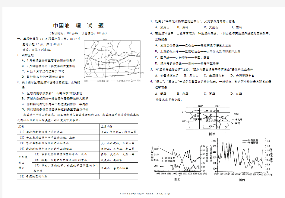 中国地理综合考试试题(2)