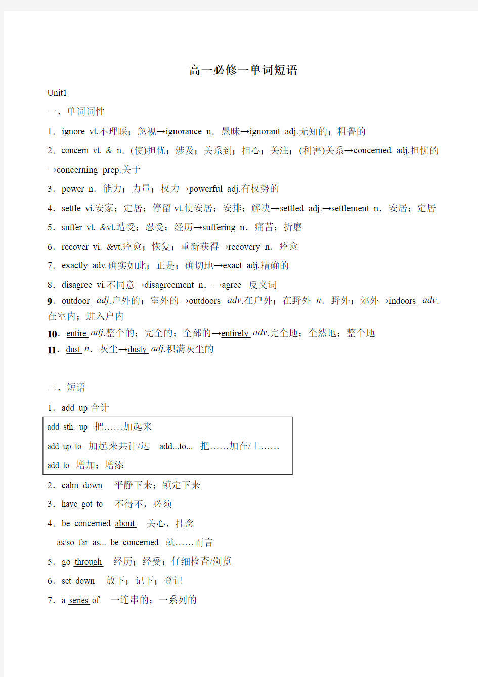 人教 必修一英语 单词词性短语归纳