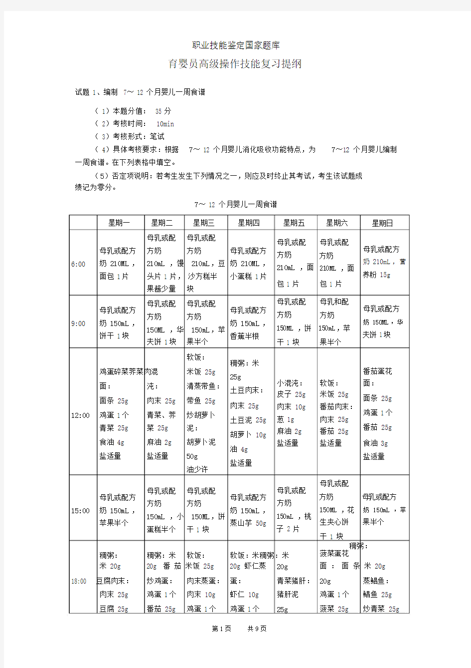 育婴员高级操作技能复习提纲