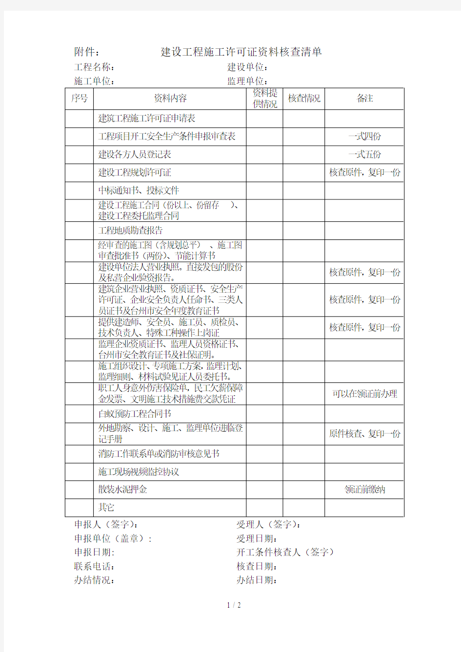 1建设工程施工许可证资料核查清单