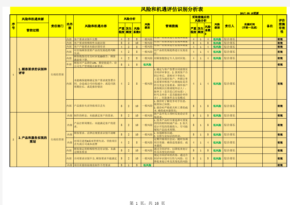 风险和机遇评估分析表