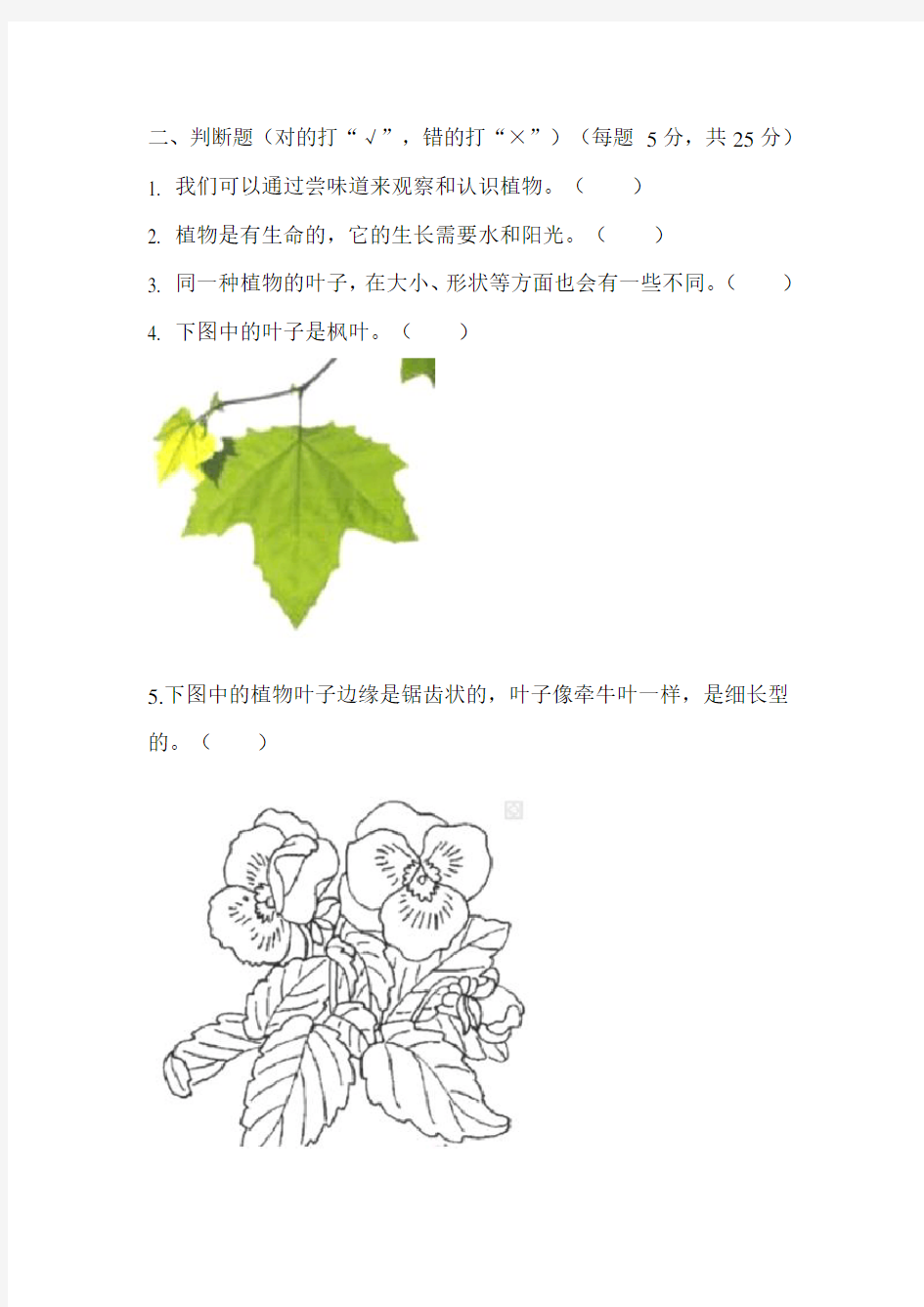 教科版小学科学一年级上册：第一单元单元测验