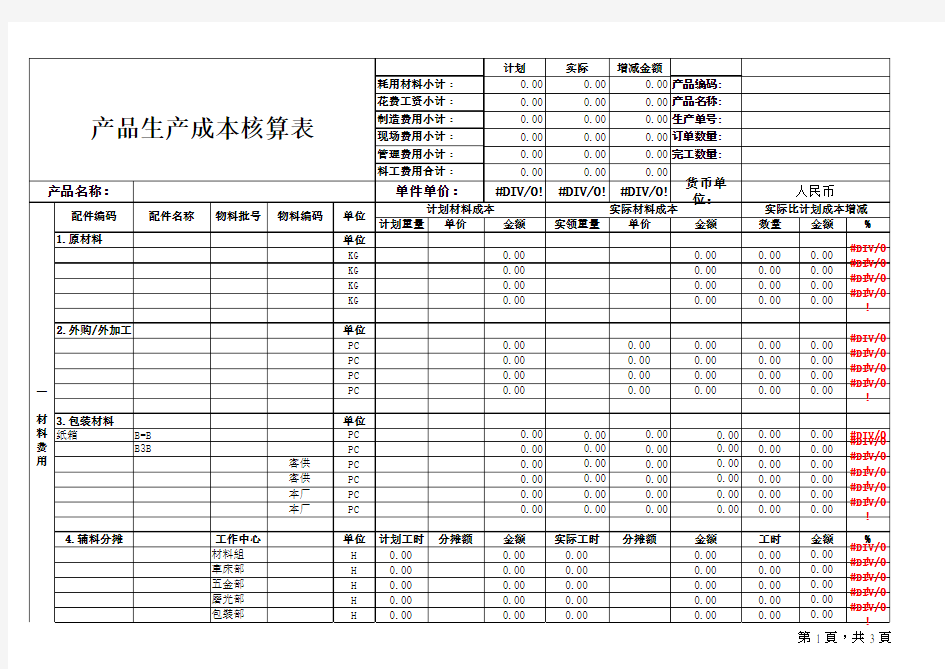 产品生产成本核算表