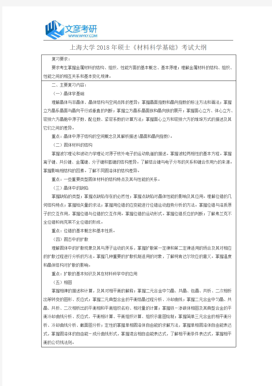 上海大学2018年硕士《材料科学基础》考试大纲