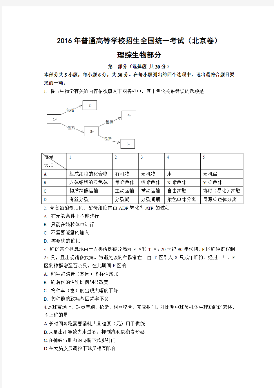 2016年(北京卷)理综生物部分(解析版)