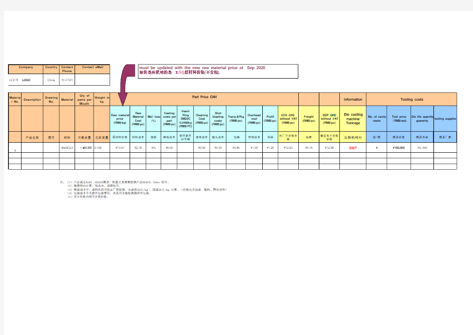 压铸铝合金产品报价单模板